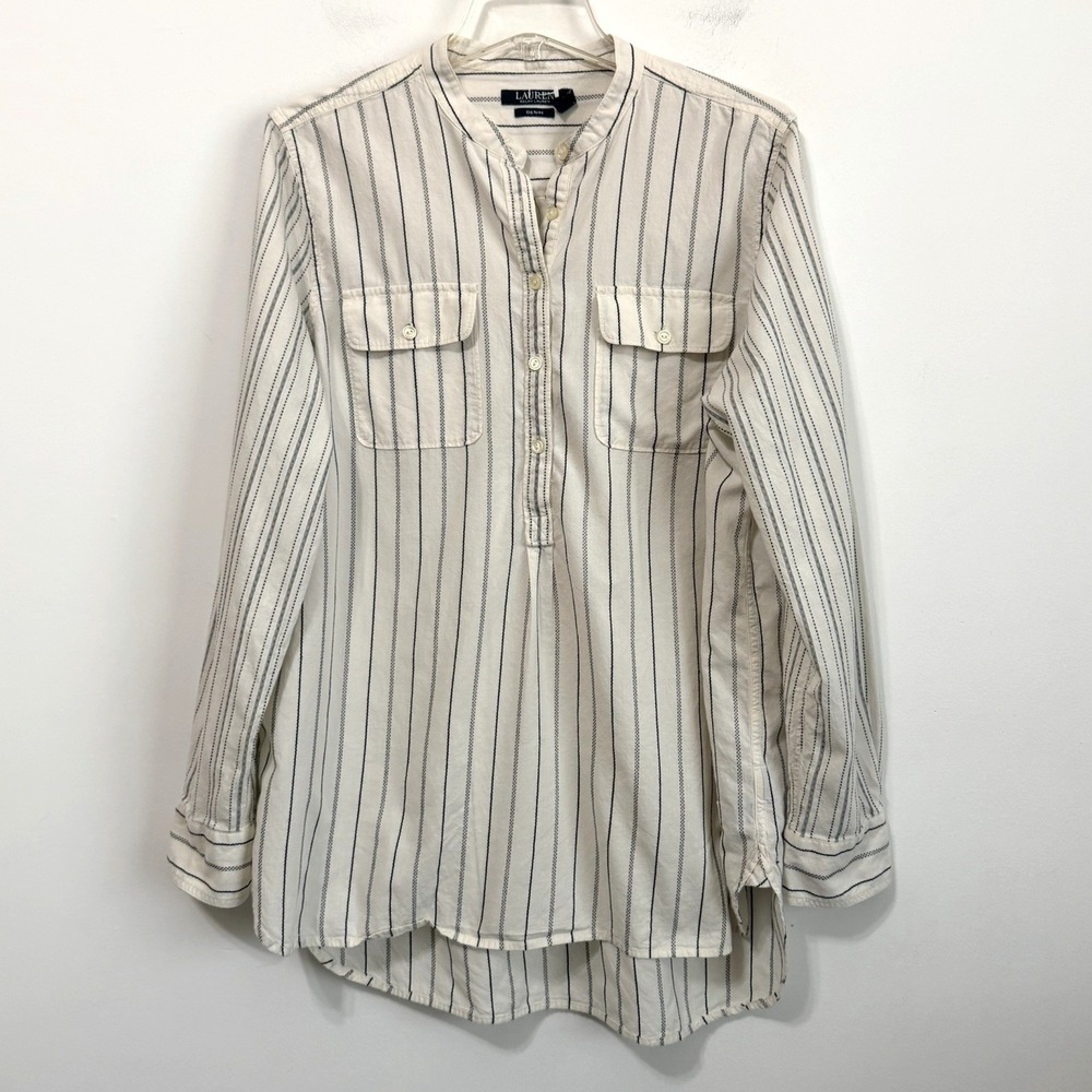 Lauren Ralph Lauren Striped Tunic Top XL Long Sleeve Half Button Relaxed Cotton